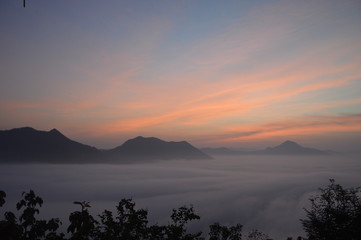 The misty sea in the sunrise atmosphere.