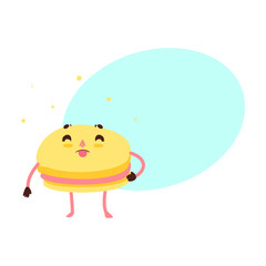 Vector sweet humanized yellow macaroon character with arms and legs. Flat cartoon isolated illustration on a white background with speech bubble