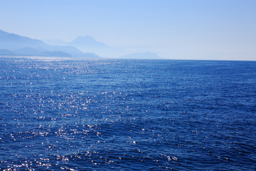 Summer panoramic view of the sea and mountain .