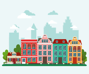 Vector illustration of european town. Flat design. Old houses.