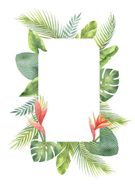 Watercolor rectangular frame tropical leaves and branches isolated on white background.