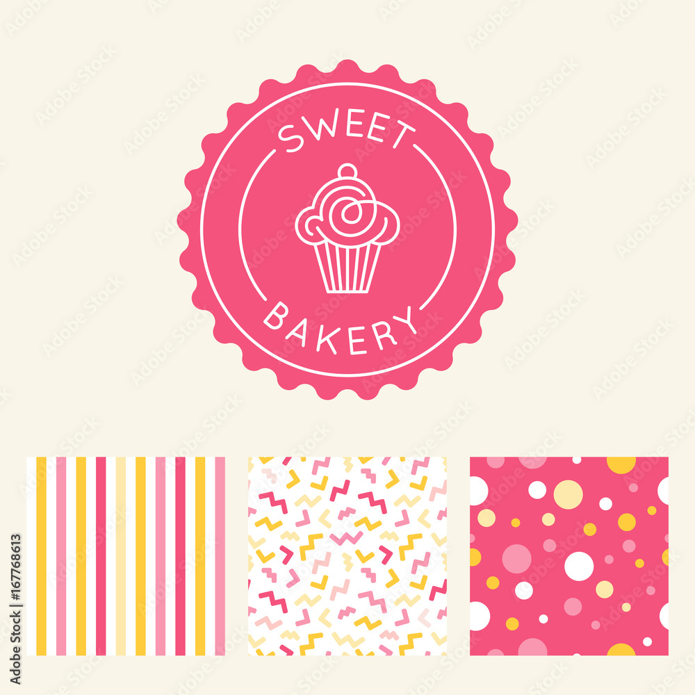Poster vector logo design template and insignia in flat linear style - sweet cupcake