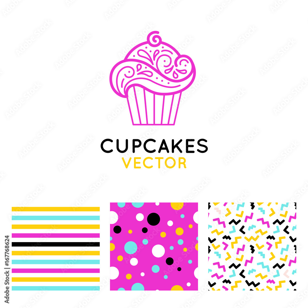 Poster vector logo design template and insignia in flat linear style - sweet cupcake