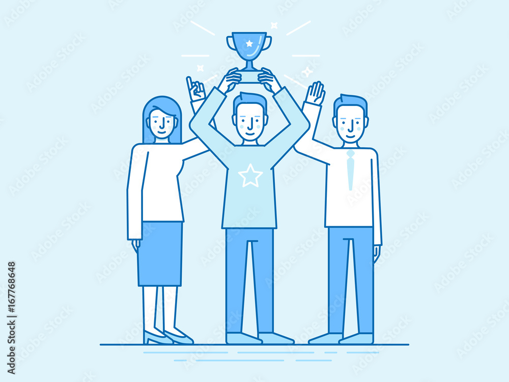 Poster vector illustration in flat linear style and blue color - successful team concept