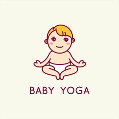 Vector logo design template in cartoon flat linear style - little smiling baby doing yoga