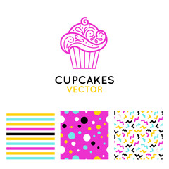 Vector logo design template and insignia in flat linear style - sweet cupcake