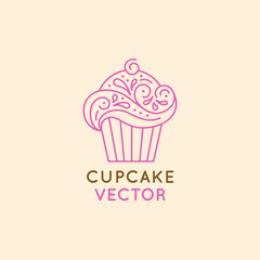Vector logo design template and insignia in flat linear style - sweet cupcake