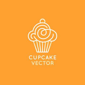 Vector logo design template and insignia in flat linear style - sweet cupcake