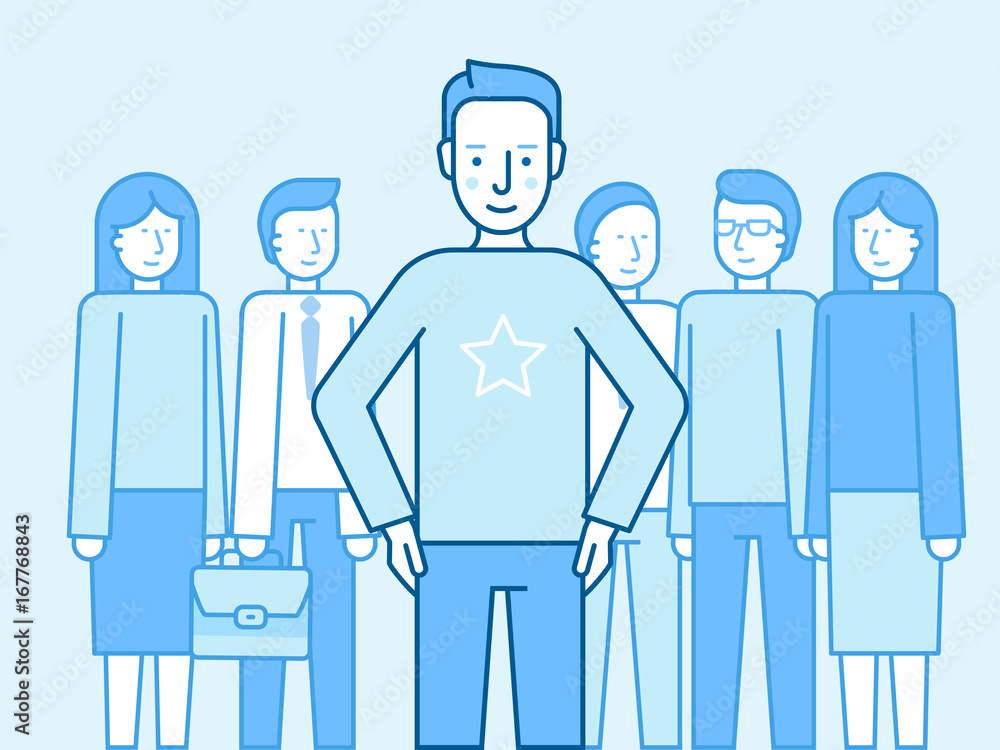 Poster vector illustration in flat linear style and blue color - successful team concept