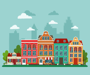 Naklejka premium Vector illustration of european town. Flat design. Old houses.