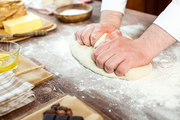 Bread Making Dough Knead Pastry Bakery Kitchen Man Cooking Process Concept
