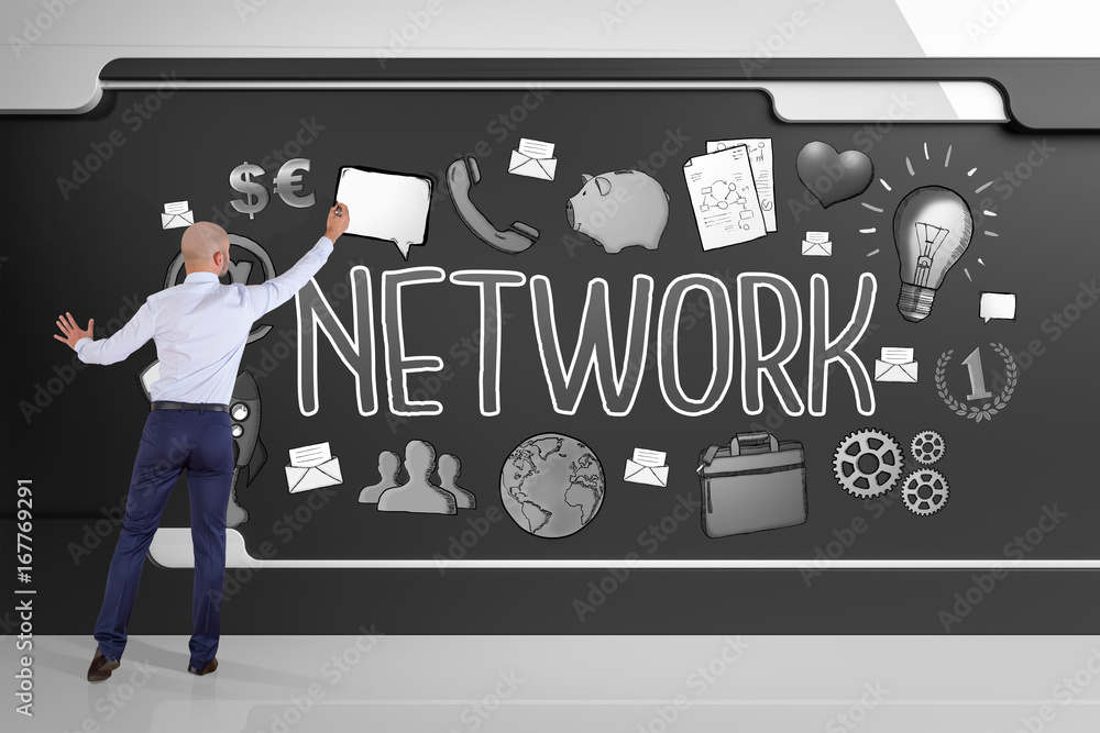 Poster businessman drawing social network sketch on a board 3d rendering