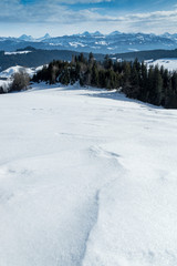 Aussicht im Winter auf die Berner Alpen vom Aebersold, Linden, Schweiz