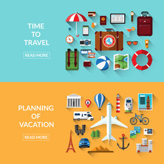 Travel, tourism, planning of vacation, adventure, journey in holidays. Set of web banners in flat style. Vector illustration. Travel items and objects. Traveling by plane, car, train, bicycle, camper