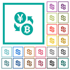 Yen Bitcoin money exchange flat color icons with quadrant frames