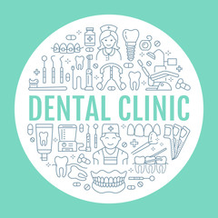 Dentist, orthodontics medical banner with vector line icon of dental care equipment, braces, tooth prosthesis, veneers, floss, caries treatment. Health care thin linear poster for dentistry clinic.