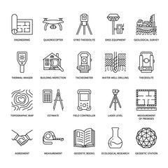 Geodetic survey engineering vector flat line icons. Geodesy equipment, tacheometer, theodolite, tripod. Geological research, building measurement inspection illustration. Construction service signs. - obrazy, fototapety, plakaty