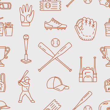 Baseball, softball sport game vector seamless pattern, background with line icons of balls, player, gloves, bat, helmet. Flat signs for championship, equipment store.
