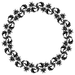 Black and white silhouette round frame with decorative flowers. Vector clip art.