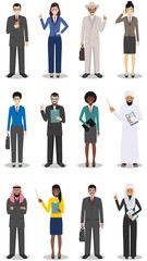 Business team and teamwork concept. Set of detailed illustration of businessmen and businesswomen standing in different positions in flat style. Diverse nationalities and dress styles. Vector.