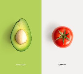 Creative layout made of tomato and avocado. Flat lay. Food concept.