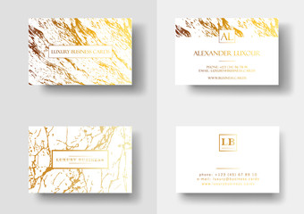 Elegant business cards with marble texture and gold detail vector template, banner or invitation with golden foil details on white background. Branding and identity graphic design