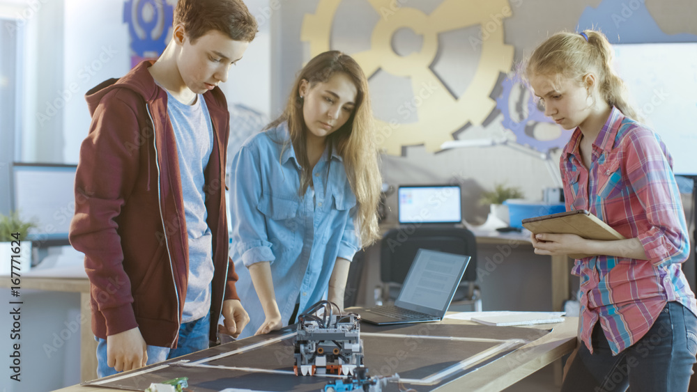Poster two girls and a boy program self driving robot for school science class project.