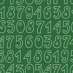 Seamless pattern with numbers on green background. Chalk on blackboard. Vector.
