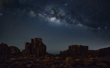 Milky way at basalt rock formations