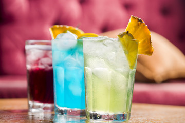 Summer three colors cocktail blue purple and green, different colors and taste