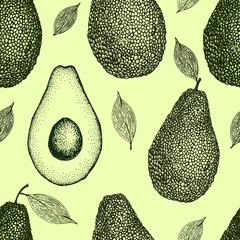 Behang Avocado Vector hand getekende avocado naadloze patroon. Hele avocado, halve, blad en zaadschets. Retro-stijl achtergrond. Gedetailleerde voedseltekening.