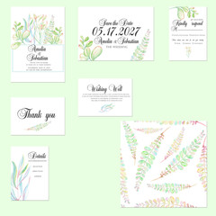 Template cards set with tender watercolor mint and green branches; wedding design for invitation, Save the date card, RSVP, Thank you card, Wishing Well card,  for anniversary day