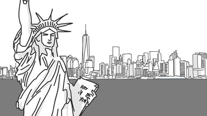 Lady Liberty Vector Drawing and New York City Skyline