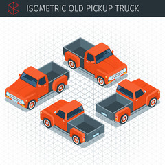 Isometric red pickup truck car. 3d vector transport icon. Highly detailed vector illustration