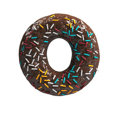 Chocolate Cake Donut Font with colorful sprinkles. Delicious Letter O. 3d rendering isolated on white background
