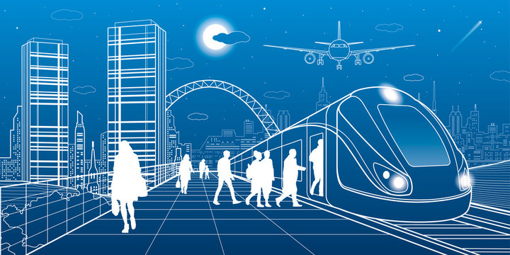 City and transport illustration. Passengers get on train, people at station. Airplane fly. Modern town on background, towers and skyscrapers. White lines. Vector design art