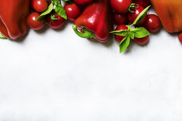 Red vegetables, food background, top view