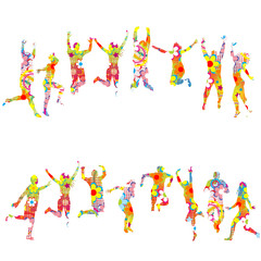 Colorful floral patterned silhouettes of jumping people