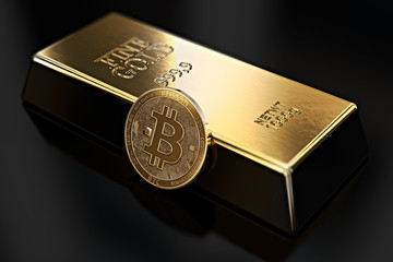 Golden Bitcoin lean against gold ingot (bullion bar). Bitcoin fails to be more desirable than gold. 3D rendering