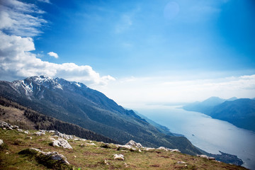 View of Lake Garda from Mount Monte Baldo. Italy, the Dolomites.