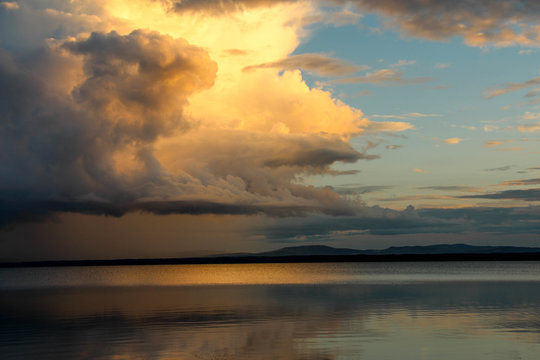 Sunset over Orsa lake in August, Sweden.