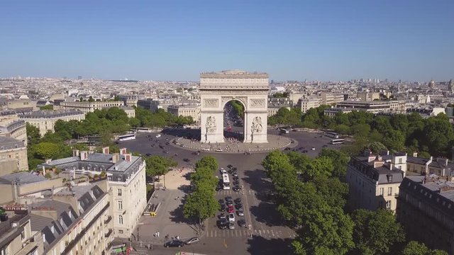 sunny summer day paris city famous arch de triumph aerial panorama 4k time lapse france
