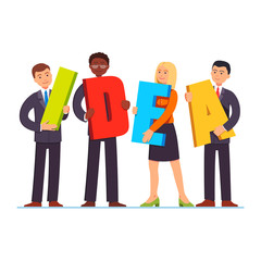 Business people holding letters forming word idea