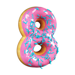 Rose Glazed Donut Font Concept with blue sprinkles. Delicious Number 8. 3d rendering isolated on white background