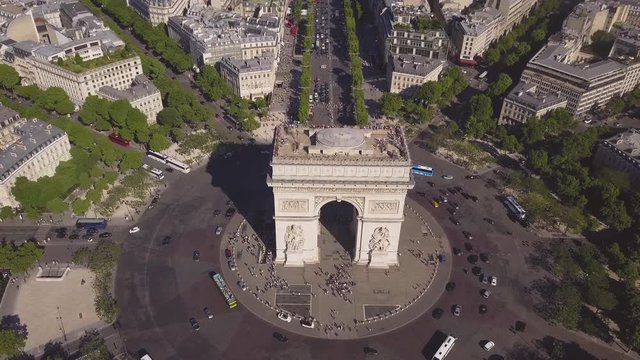 sunny summer day paris city famous arch de triumph aerial panorama 4k time lapse france
