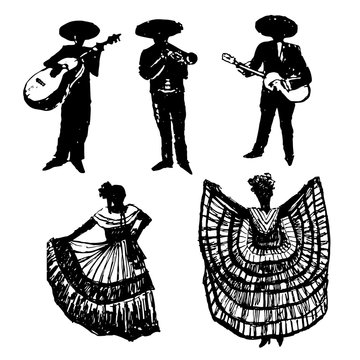 Collection of silhouettes of  Mexican musicians with instruments and dancers, drawing sketch hand drawn vector illustration