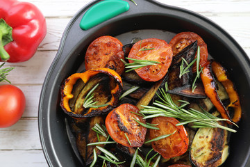 Vegetables grilled pan fried eggplant and tomatoes