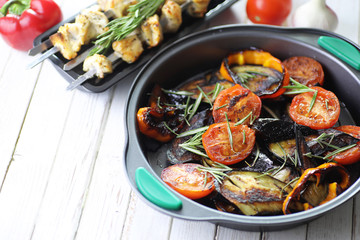 Vegetables grilled pan fried eggplant and tomatoes