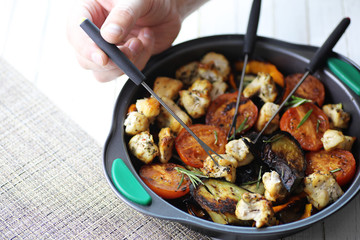 Vegetables grilled pan fried eggplant and tomatoes