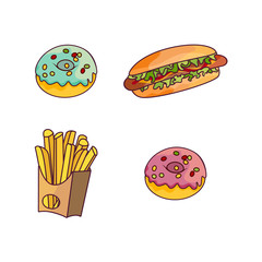 Vector sausage hot dog with salad and vegetables, donuts and potato fry, french fries set. Fast food flat cartoon isolated illustration on a white background.